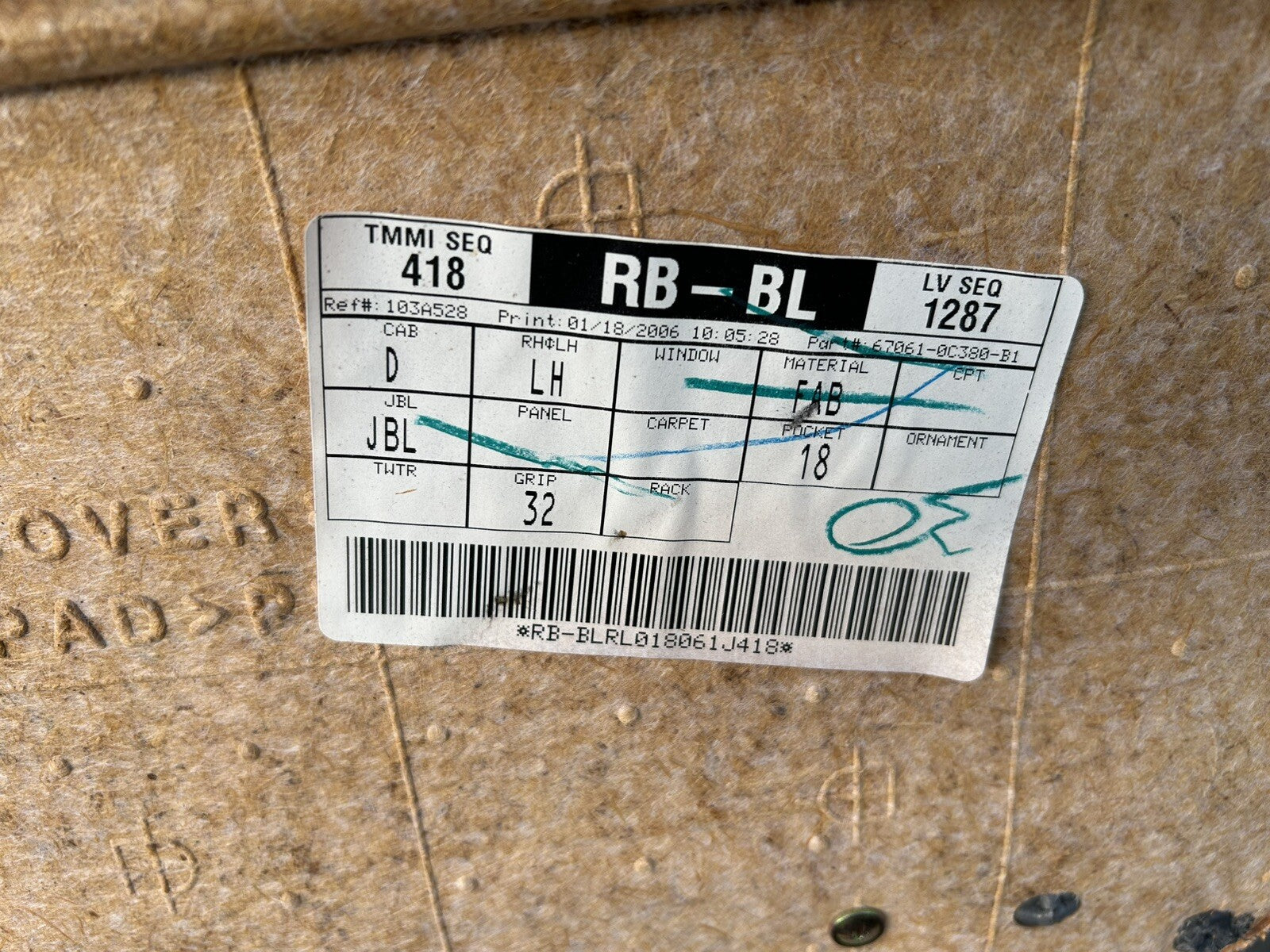 2001-2007 TOYOTA TUNDRA REAR LEFT DRIVER SIDE DOOR PANEL TRIM Gray OEM